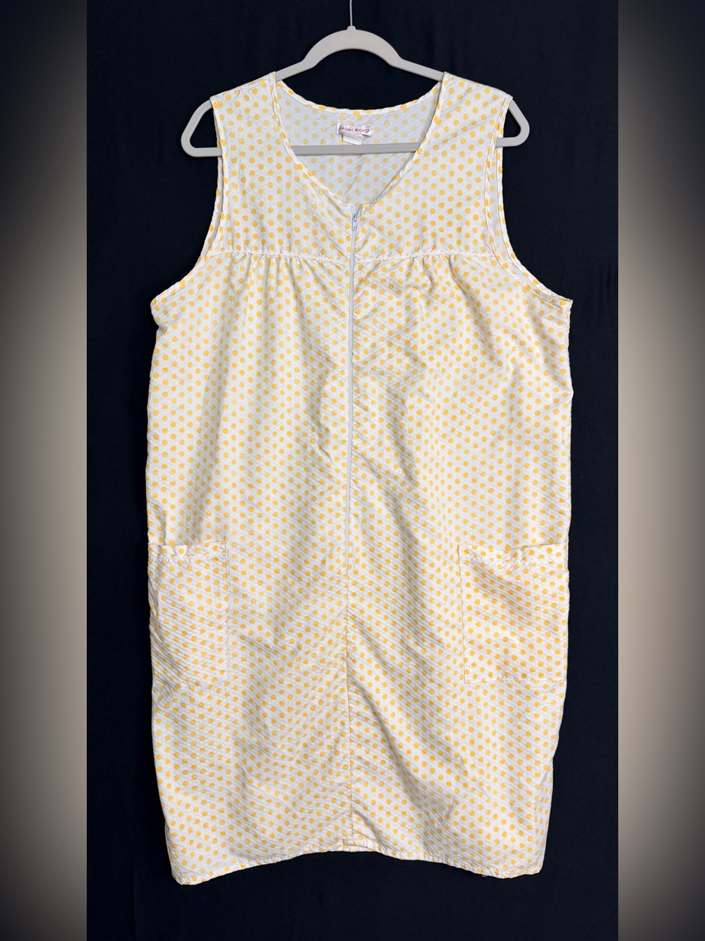 VTG Sleeveless Yellow Dot Zip-Front Nightgown Pockets As Is